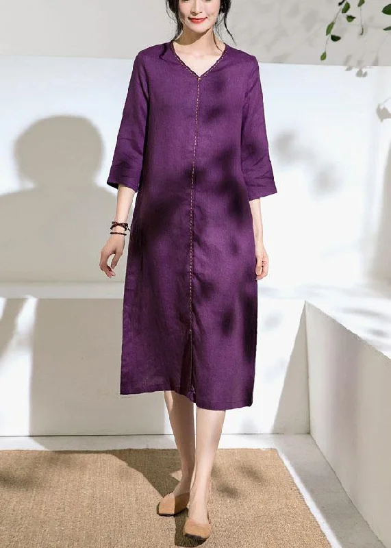 Beautiful purple linen Robes v neck tie waist Dress Cowl Neckline Elegant
