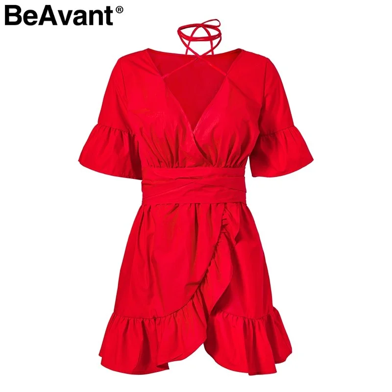 Halter deep v neck sexy dress women Elegant ruffles red short dress 2022 High waist wrap summer dress vestidos female Tunics Satin smooth Halter deep v neck sexy dress women Elegant ruffles red short dress 2022 High waist wrap summer dress vestidos female Tunics Satin smooth