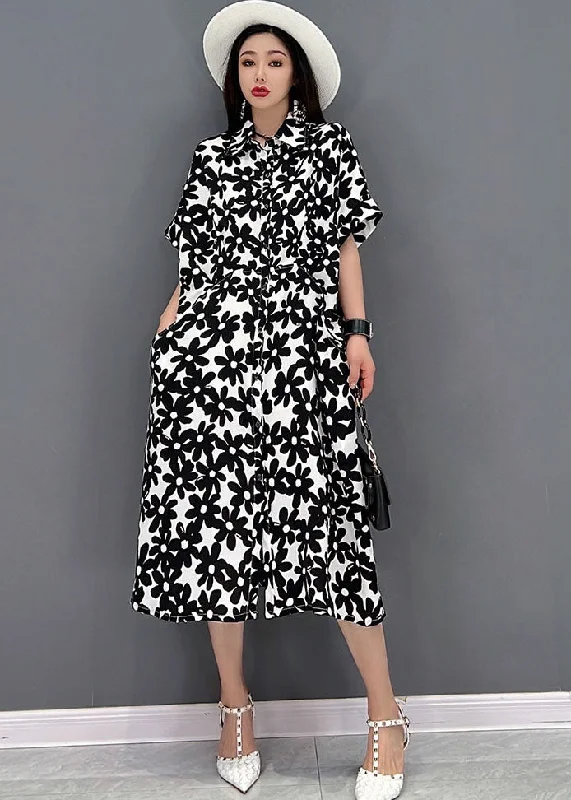 Black Floral Print Cotton Long Dresses Turn-down Collar Short Sleeve Tunics Spring floral Black Floral Print Cotton Long Dresses Turn-down Collar Short Sleeve Tunics Spring floral