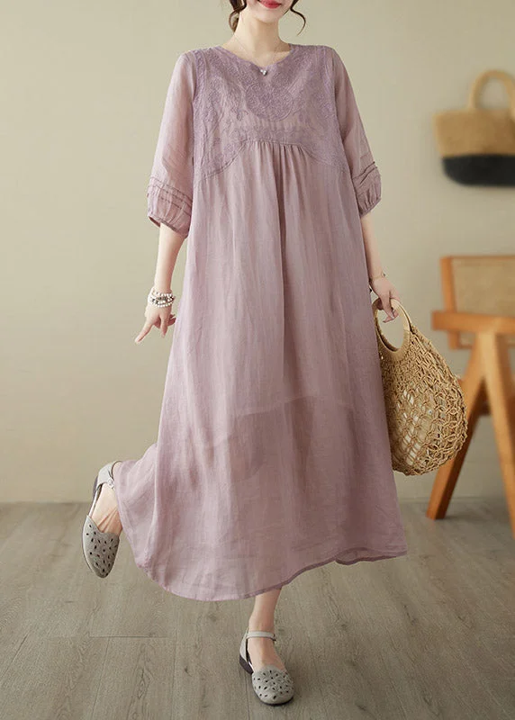 Bohemian Pink O-Neck Embroideried Patchwork Wrinkled Linen Long Dress Half Sleeve Tunics Versatile functional