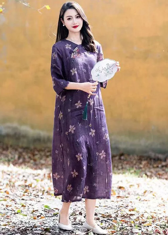 Boho Purple O Neck Print Button Patchwork Linen Long Dress Summer Tunics Formal black