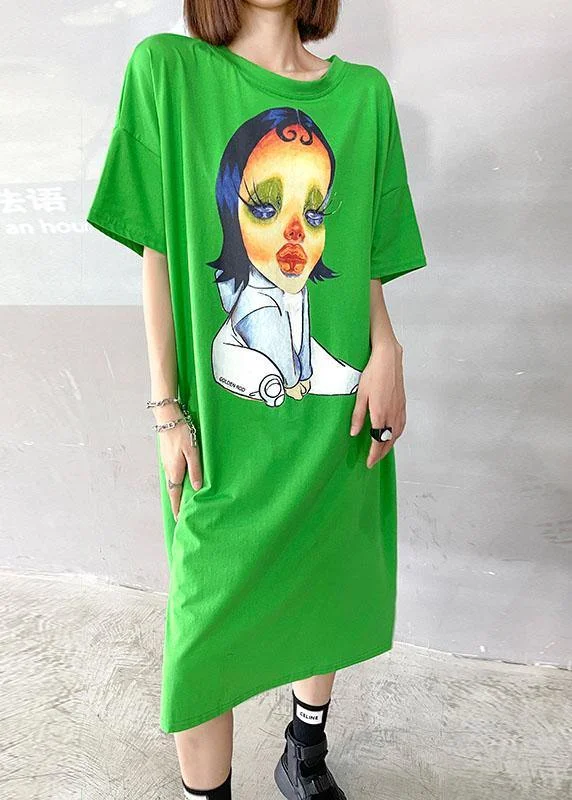 Boutique Green Character Pattern Side Open Long Dress Crew Neckline Casual