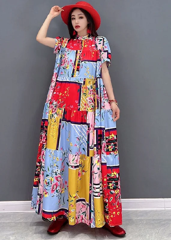 Boutique Red Stand Collar Print Patchwork Loose Long Dresses Short Sleeve Tunics Trousers formal Boutique Red Stand Collar Print Patchwork Loose Long Dresses Short Sleeve Tunics Trousers formal