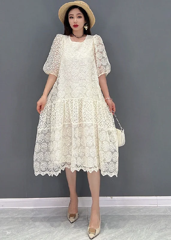 Boutique White O-Neck Patchwork Lace Long Dress Half Sleeve Tunics Versatile functional Boutique White O-Neck Patchwork Lace Long Dress Half Sleeve Tunics Versatile functional
