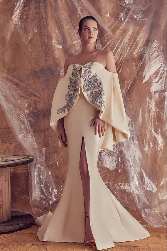 Cape style bodice with appliques mermaid gown Turtleneck Neckline Stylish