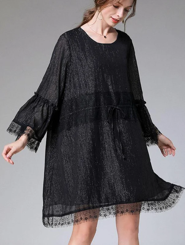 Casual Black Tie Waist Flare Sleeve Mini Summer Chiffon Dress Tunics Luxurious high-end Casual Black Tie Waist Flare Sleeve Mini Summer Chiffon Dress Tunics Luxurious high-end