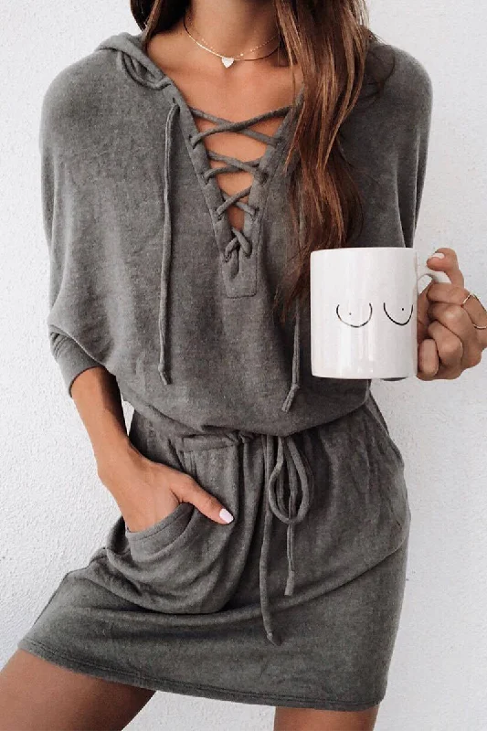 Casual Solid Draw String Hooded Collar Waist Skirt Dresses Tunics Seasonal trendy