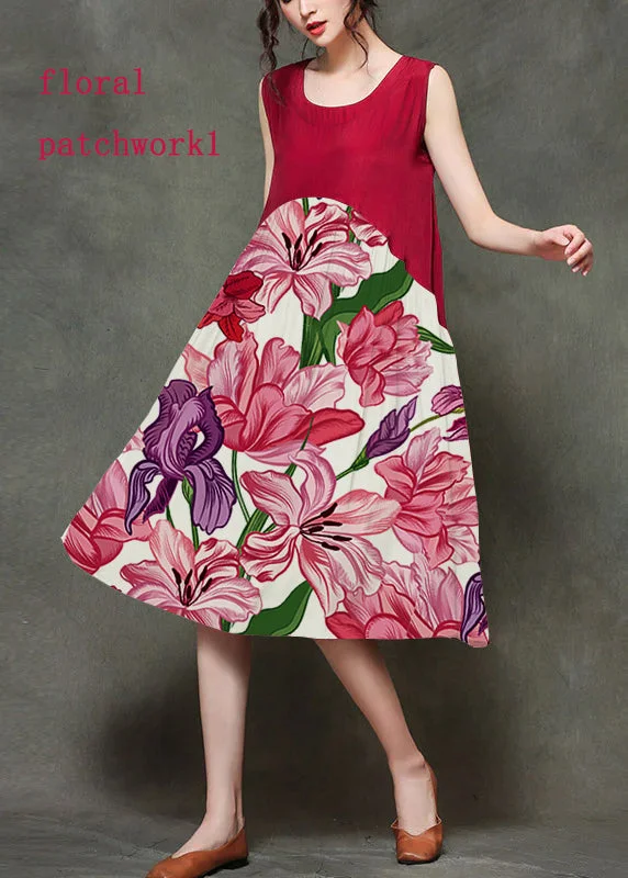 Casual Wine Red-floral patchwork1 O-Neck Wrinkled Long Dresses Sleeveless Tunics Velvet soft