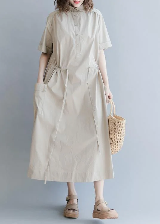 Chic Drawstring Cotton Summer Clothes For Women Runway Khaki long Dresses Tunics Solid Classic Chic Drawstring Cotton Summer Clothes For Women Runway Khaki long Dresses Tunics Solid Classic