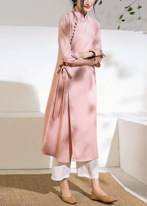 Chic pink Long Shirts stand collar tie waist Robe summer Dresses Off-the-shoulder Chic Trendy