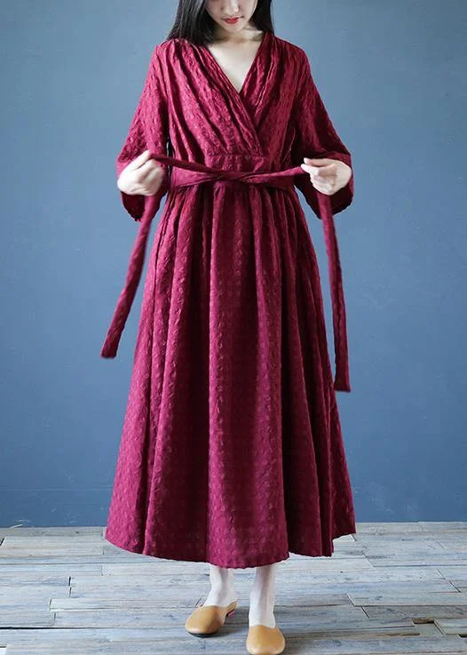 Chic v neck tie waist linen clothes For Women Runway burgundy Dress Tunics Chic elegant Chic v neck tie waist linen clothes For Women Runway burgundy Dress Tunics Chic elegant
