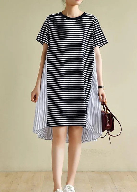 Classy navy striped clothes o neck patchwork baggy Dress Tunics Velvet soft