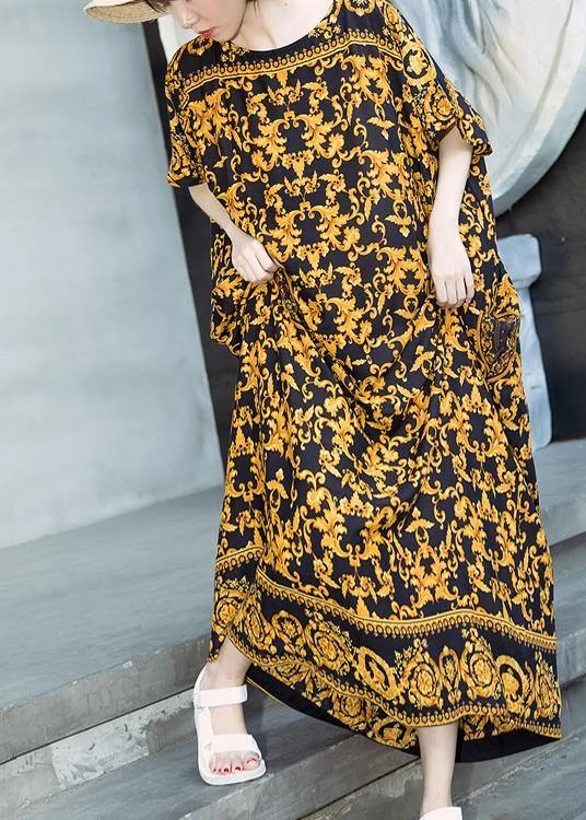 Retro Caftans Yellow Print Long Dresses Tunic Top Casual
