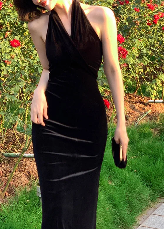 Dinner Black V Neck Tunic Solid Velour Long Dresses Summer Turtleneck Warm Winter