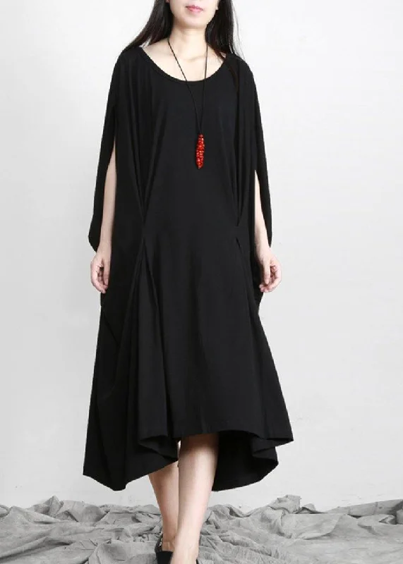 DIY Black Asymmetric Cotton Long Dress O Neck Turtleneck Warm Winter