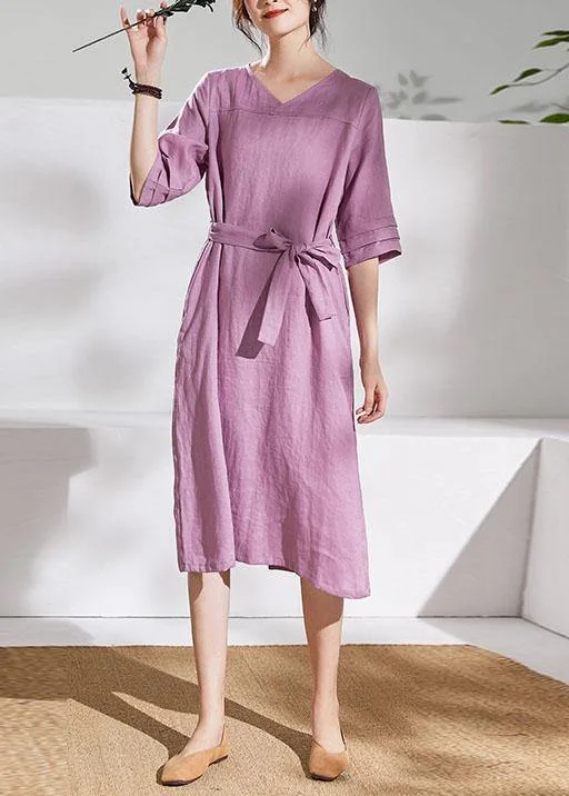 DIY pink purple linen dresses v neck tie waist shift summer Dresses Square Neckline Feminine DIY pink purple linen dresses v neck tie waist shift summer Dresses Square Neckline Feminine