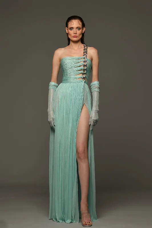 Draped dress in silk foiled tulle with one sided chain strap and gloves Tunics Fleece cozy