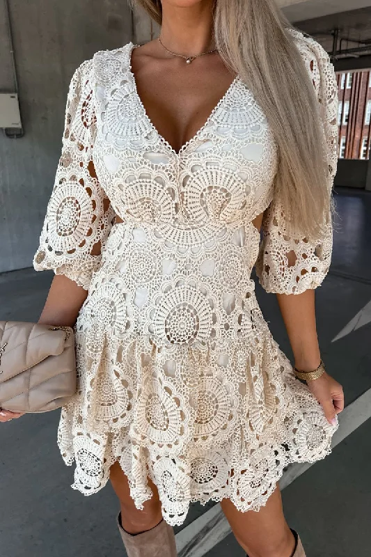 Elegant Solid Hollowed Out V Neck Waist Skirt Dresses Tunics Practical easy-care