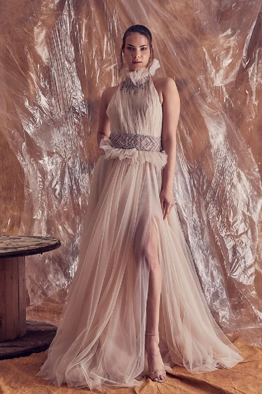 Embroidered waistline fully pleated tulle dress Boat Neckline Classic