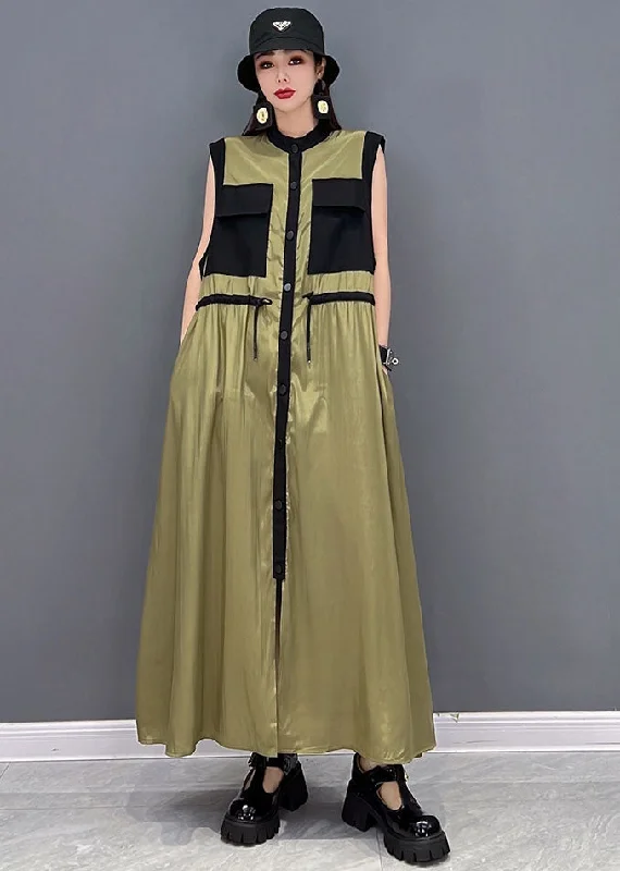 Fitted Army Green Stand Collar Patchwork Pockets Drawstring Chiffon Long Dresses Sleeveless Tunics Cozy comfortable Fitted Army Green Stand Collar Patchwork Pockets Drawstring Chiffon Long Dresses Sleeveless Tunics Cozy comfortable