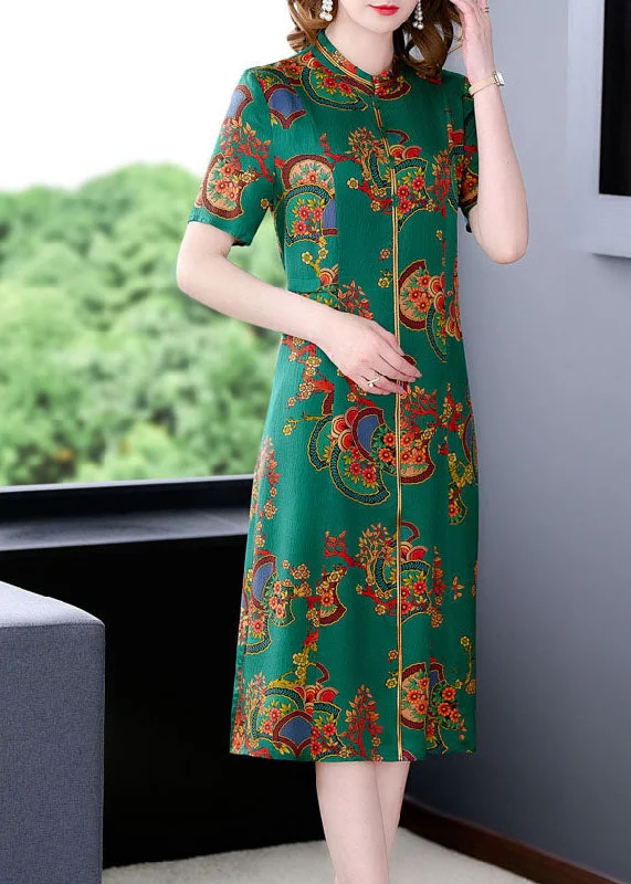 Fitted Green Stand Collar Print Silk Long Dresses Short Sleeve Tunics Formal black