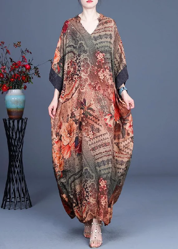 French Chocolate Print V Neck Oversize Summer Silk Long Dress Tunics Stylish elegant French Chocolate Print V Neck Oversize Summer Silk Long Dress Tunics Stylish elegant