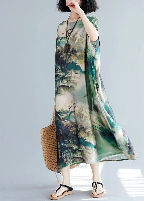 French O Neck Baggy Summer Wardrobes Lnspiration Green Print Robes Dresses Crew Neckline Sporty French O Neck Baggy Summer Wardrobes Lnspiration Green Print Robes Dresses Crew Neckline Sporty
