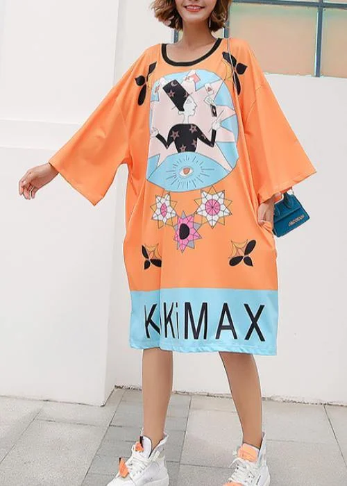 French Orange Graphic Cotton Loose Summer Long Dress Tunics Top rated