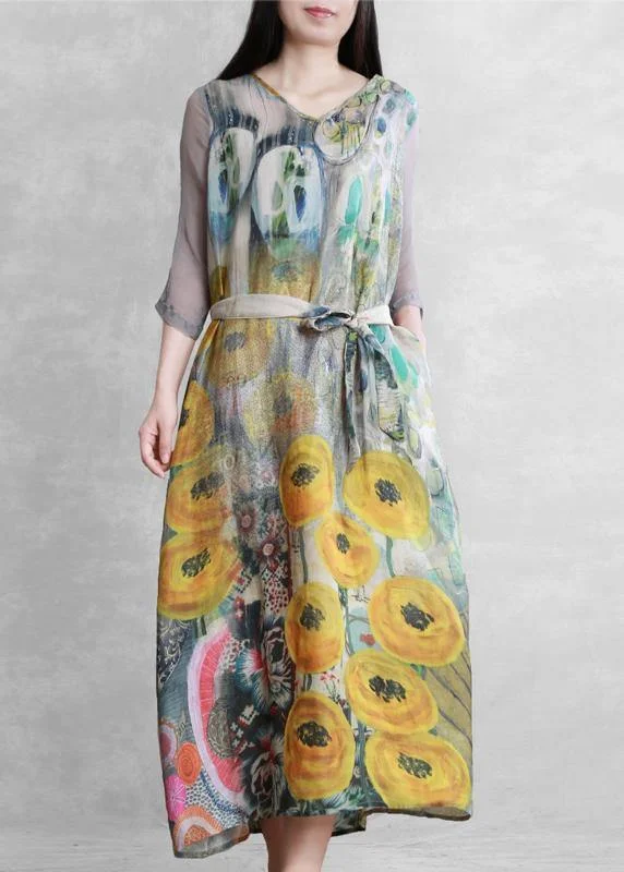 French v neck tie waist clothes Photography yellow print Dress Tunics Vintage classic French v neck tie waist clothes Photography yellow print Dress Tunics Vintage classic