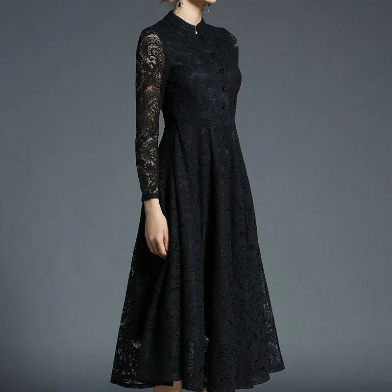 Spring Jacquard Lace Dress Women Hollow Out Single-breasted Casual Vestido Elegant Slim Party Work Long Dresses Tunics Practical easy-care Spring Jacquard Lace Dress Women Hollow Out Single-breasted Casual Vestido Elegant Slim Party Work Long Dresses Tunics Practical easy-care
