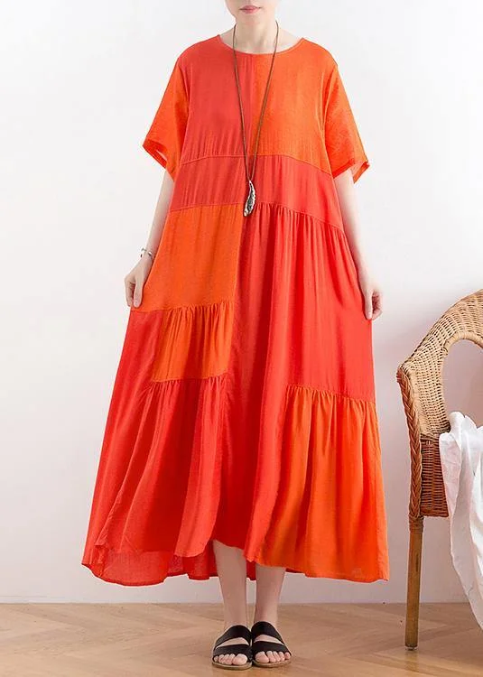 Handmade o neck patchwork cotton clothes For Women Catwalk orange long Dress Tunics Custom made