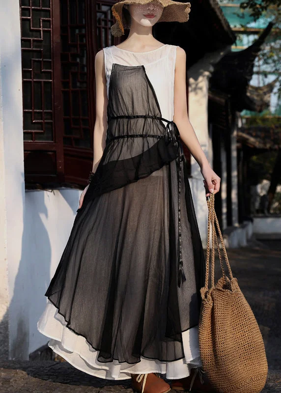 Handmade White Tie Waist Patchwork Spaghetti Strap Dress Summer Tunics Trendy modern Handmade White Tie Waist Patchwork Spaghetti Strap Dress Summer Tunics Trendy modern