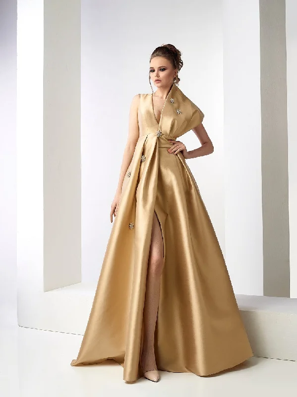 High waistline side slit gown featuring jewel motifs Tunics stripes playful