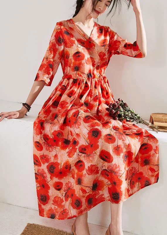 Italian orange print linen dress v neck patchwork long Dress Maxi Flowy Bohemian