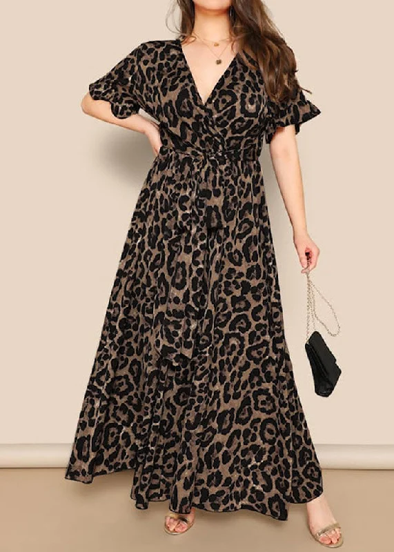 Italian V Neck Leopard Print Tie Waist Long Dress Butterfly Sleeve Tunics Brand named