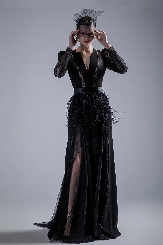 Lace and crepe mix feathered waistline belted dress Tunics Stylish elegant