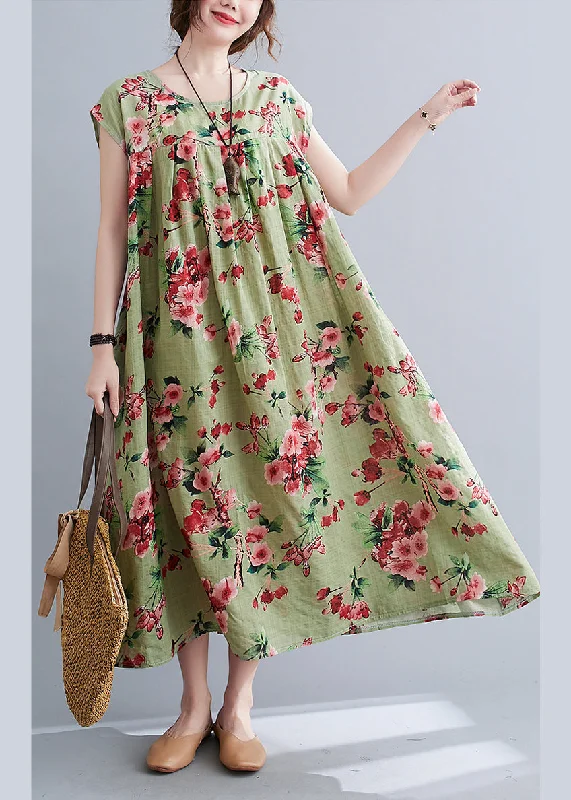 Loose Green Wrinkled Print Cotton Long Dresses Short Sleeve Tunics Recommended stylist Loose Green Wrinkled Print Cotton Long Dresses Short Sleeve Tunics Recommended stylist
