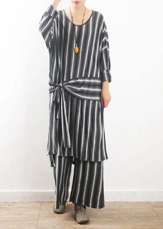 Loose Grey Striped tie waist Two Pieces Set Summer Cotton Dress Tunics Vintage classic Loose Grey Striped tie waist Two Pieces Set Summer Cotton Dress Tunics Vintage classic