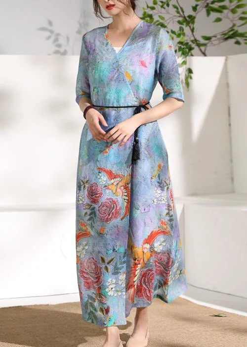 Modern v neck tie waist linen summer clothes design blue print Dress Tunics Plaid country Modern v neck tie waist linen summer clothes design blue print Dress Tunics Plaid country