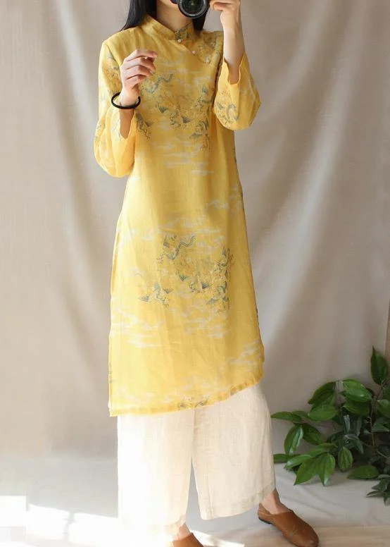 Modern Yellow Dragon Pattern Clothes V Neck Side Open Baggy Dress Tunics Print Colorful Modern Yellow Dragon Pattern Clothes V Neck Side Open Baggy Dress Tunics Print Colorful