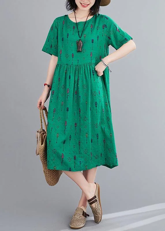 Natural o neck summer Sewing green print long Dress Tunics Party sparkling
