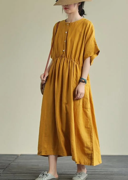 Natural yellow linen outfit o neck elastic waist linen robes summer Dresses Tunics Review highly Natural yellow linen outfit o neck elastic waist linen robes summer Dresses Tunics Review highly