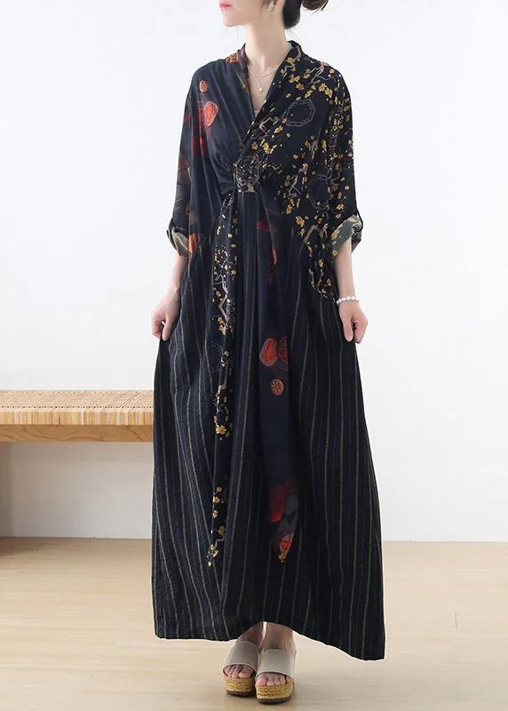 Organic Blue Print Patchwork Cotton Linen Long Dresses Summer Tunics Short Trendy