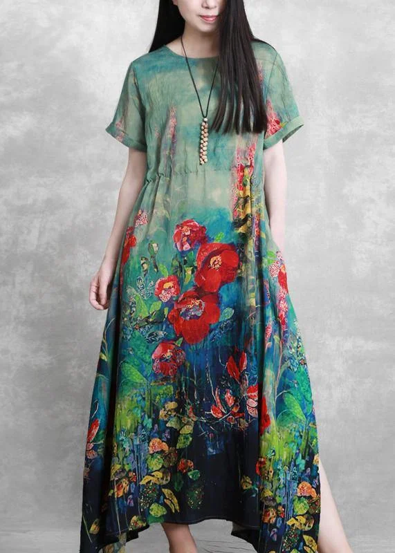 Organic green print dresses o neck tie waist Robe summer Dress Tunics Summer linen