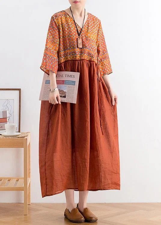 Organic v neck tie waist linen outfit Fabrics chocolate print Dresses Tunics Sale discount Organic v neck tie waist linen outfit Fabrics chocolate print Dresses Tunics Sale discount