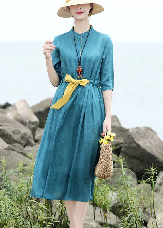 Original Design Blue Green Stand Collar Tie Waist Linen Long Dress Half Sleeve Bodycon Club Sequined Original Design Blue Green Stand Collar Tie Waist Linen Long Dress Half Sleeve Bodycon Club Sequined