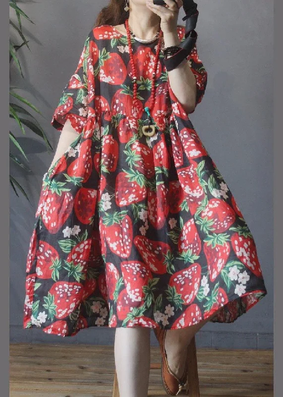Plus Size Black Print strawberry High Waist Long Dresses Summer Linen Tunics Ceremony elegant Plus Size Black Print strawberry High Waist Long Dresses Summer Linen Tunics Ceremony elegant