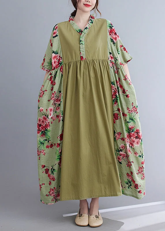 Plus Size Green V Neck Patchwork wrinkled Floral Print Long Dresses Short Sleeve Tunics Trendy modern Plus Size Green V Neck Patchwork wrinkled Floral Print Long Dresses Short Sleeve Tunics Trendy modern