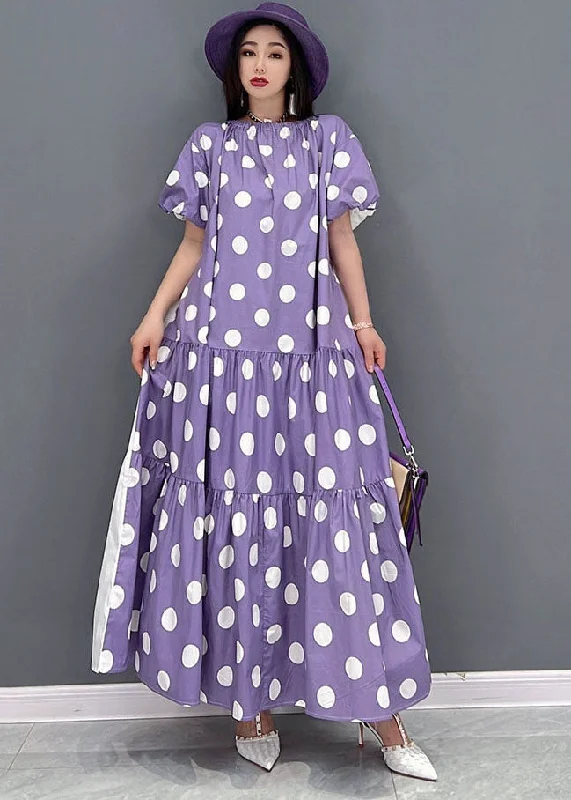 Purple Dot Print Cotton Long Dress Wear On Both sides Exra Large Hem Short Sleeve Tunics Wedding white Purple Dot Print Cotton Long Dress Wear On Both sides Exra Large Hem Short Sleeve Tunics Wedding white