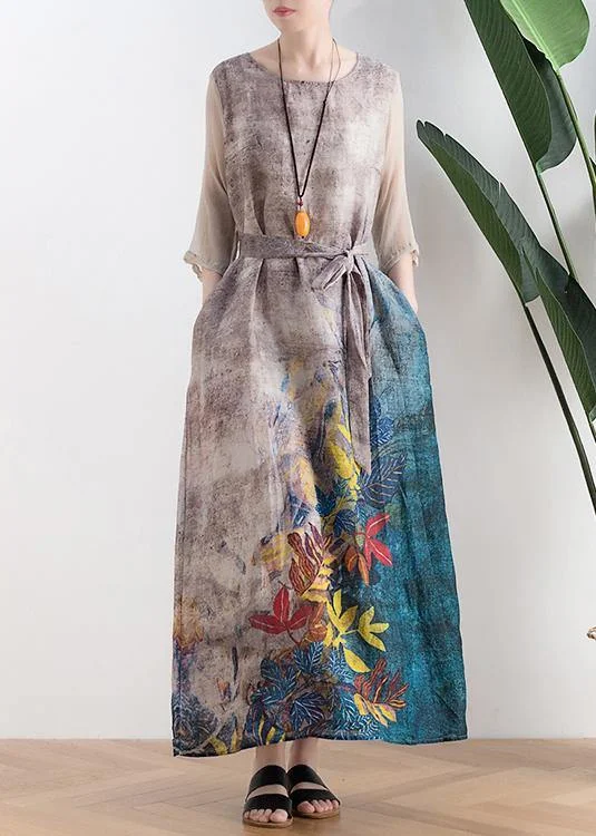 Retro style silk dress linen dress gray leaf print loose simple tie waist dress Tunics Designer luxury Retro style silk dress linen dress gray leaf print loose simple tie waist dress Tunics Designer luxury